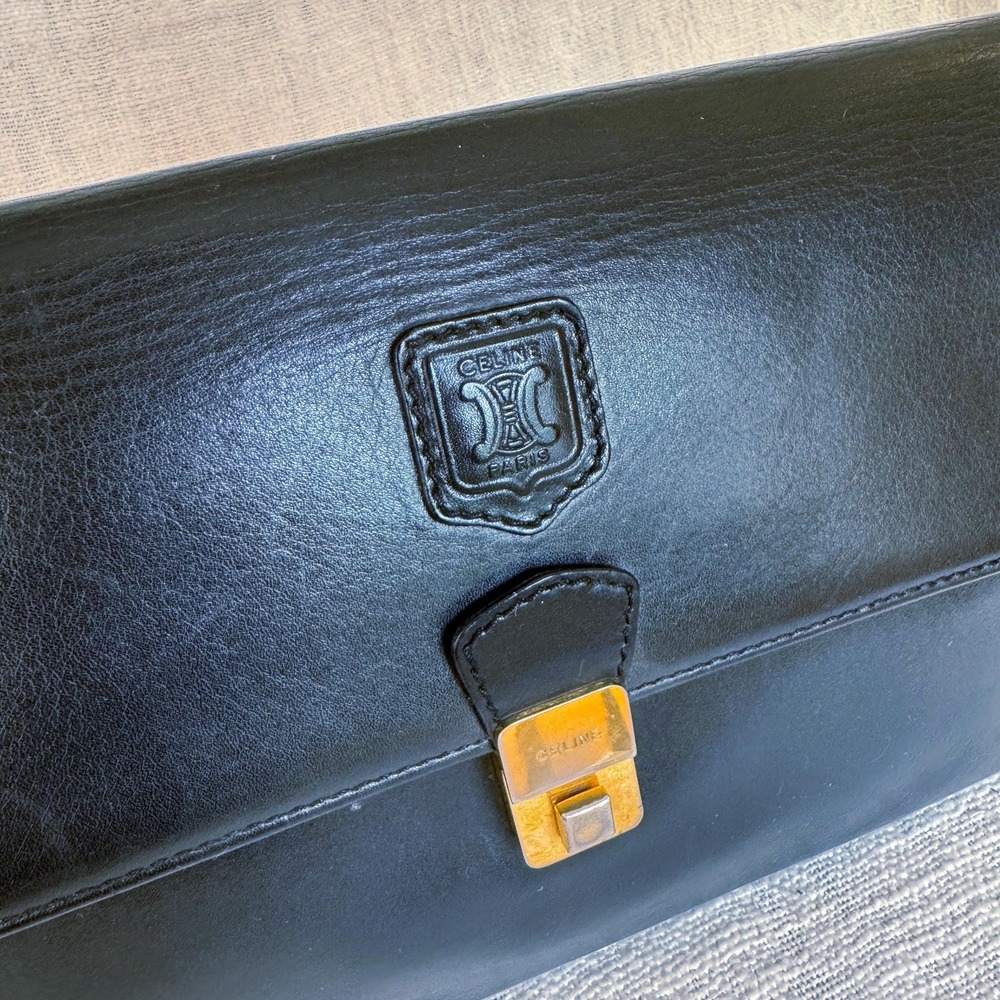 Vintage Celine Black Leather‎ Clutch Document/Travel Organizer Gold Push-Lock - Picture 2 of 6
